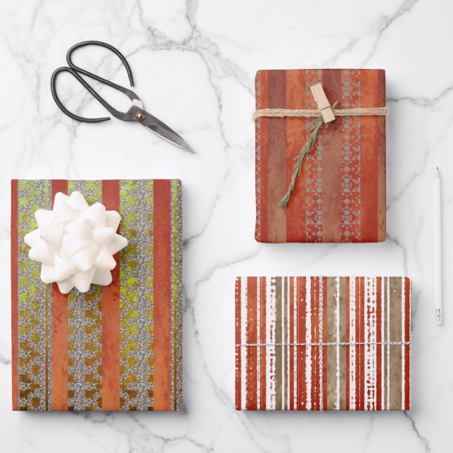 Muted Red and Green Stripe Fall Wrapping Paper Sheet (Front)
