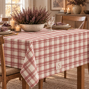 Muted Red Cream Tartan Plaid Monogram Tablecloth