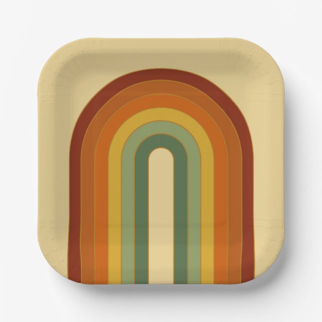 Muted Retro Groovy Layered Rainbow Square Paper Plate (Front)