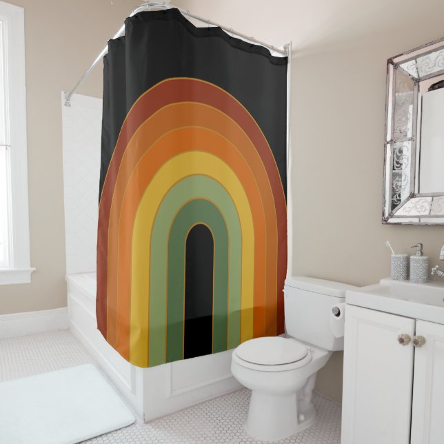 Muted Retro Seventies Rainbow Black Shower Curtain (In Situ)