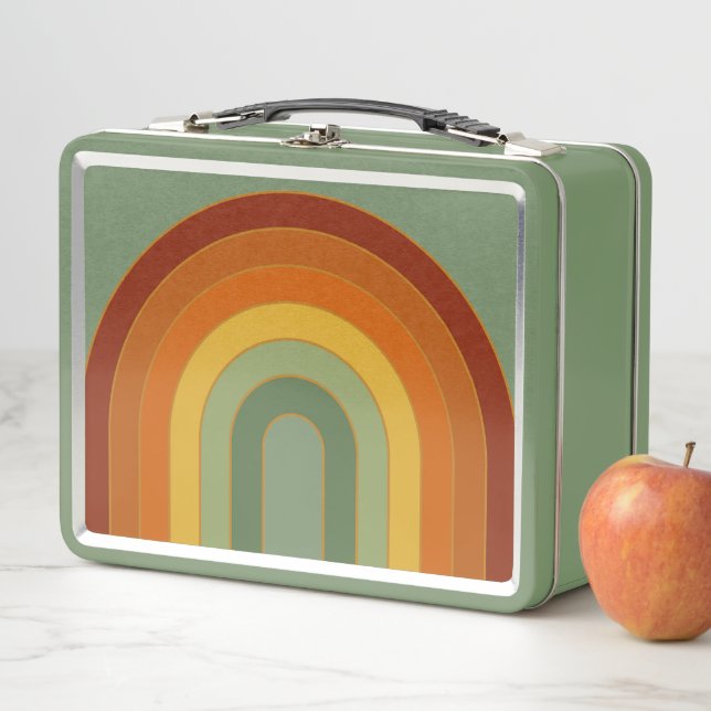 Muted Retro Seventies Rainbow Green Metal Lunch Box (In Situ)