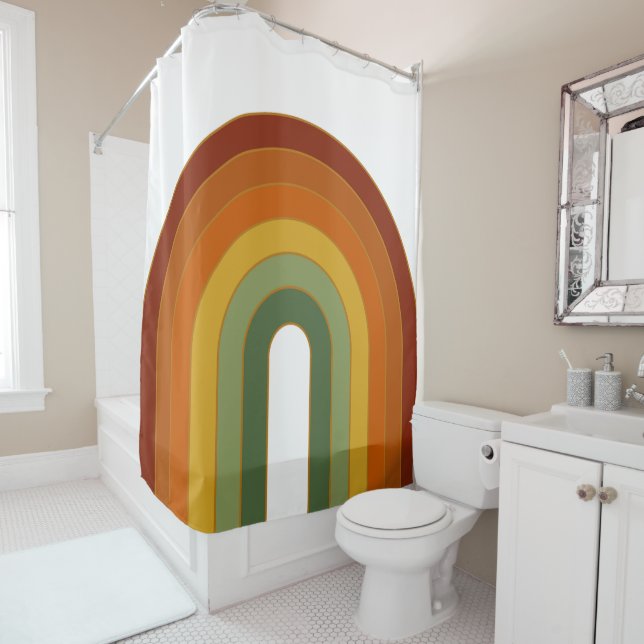 Muted Retro Seventies Rainbow White Shower Curtain (In Situ)