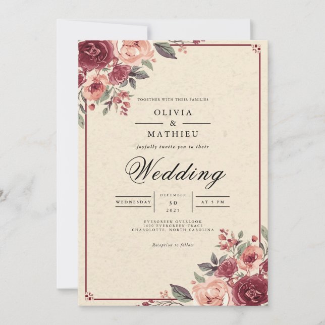 Muted Rose Botanical Flourish Wedding Invitation (Front)