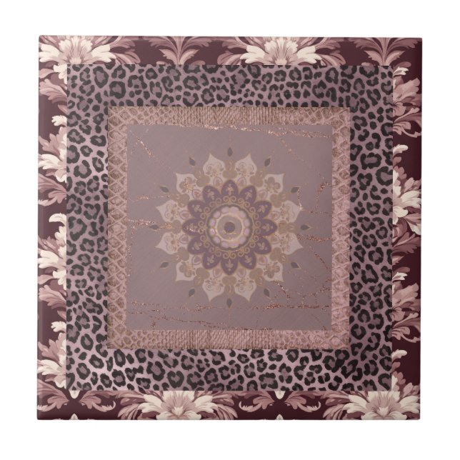 Muted rose mocha mousse damask ceramic tile (Front)
