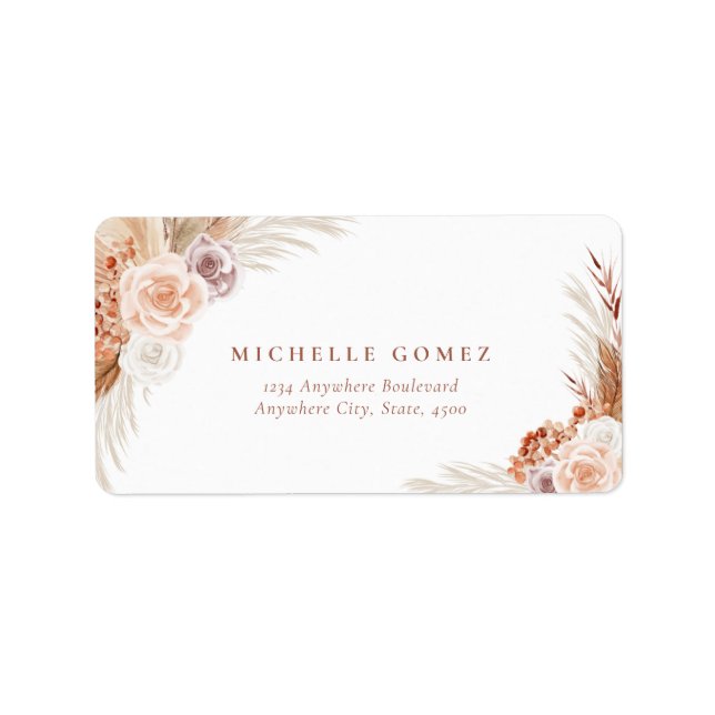 Muted Rose Pampas Terracotta Boho Wedding Address Label (Front)