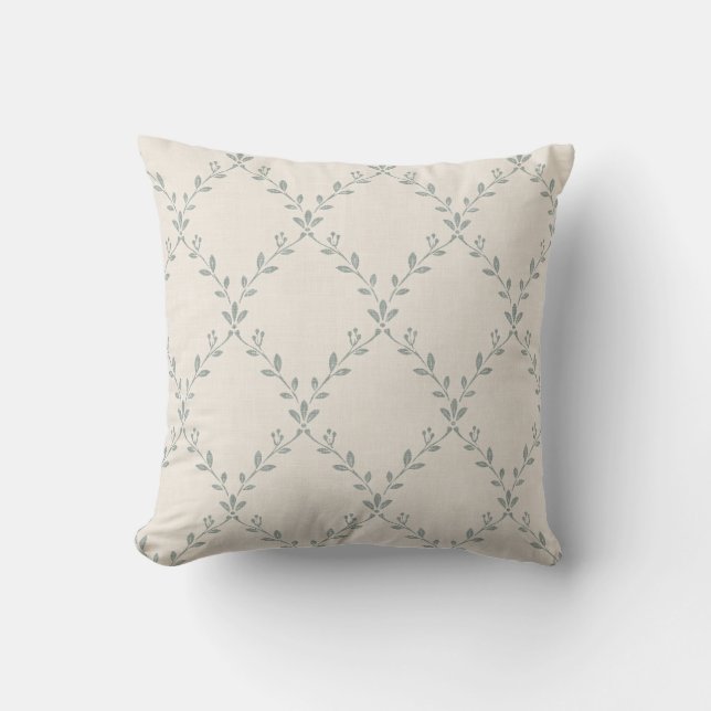 Muted Sage Floral Trellis Block Print Pattern Cushion (Front)