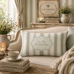 Muted Sage French Country Stripes Vintage Rustic Lumbar Cushion