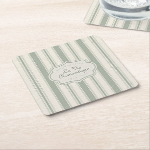 Muted Sage French Country Stripes   Vintage Rustic Square Paper Coaster
