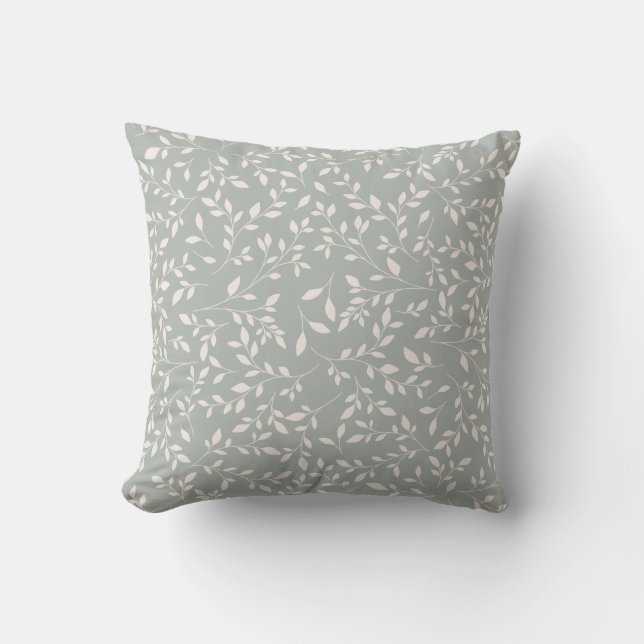 Muted Sage Green and Cream Botanical Vine Pattern Cushion (Front)