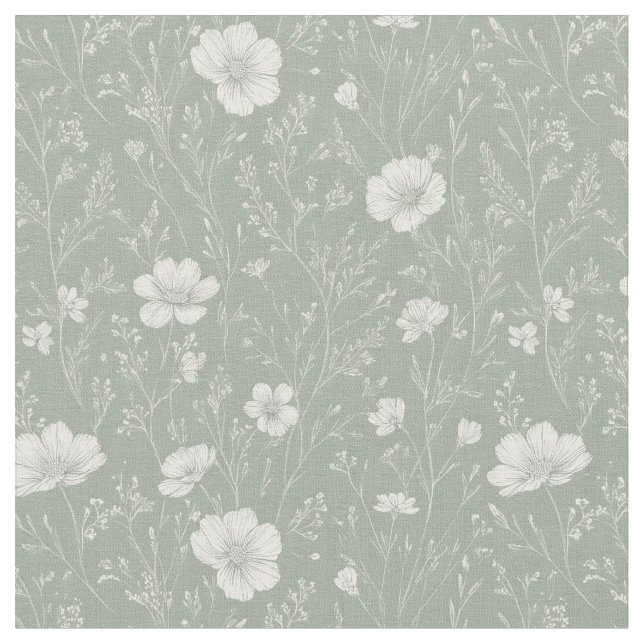 Muted Sage Green And White Wildflower Pattern Fabric (Close Up)