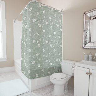 Muted Sage Green And White Wildflower Pattern Shower Curtain