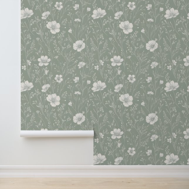 Muted Sage Green And White Wildflower Pattern Wallpaper (Application)