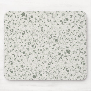 Muted Sage Green Floral Botanical Pattern on Light Mouse Pad