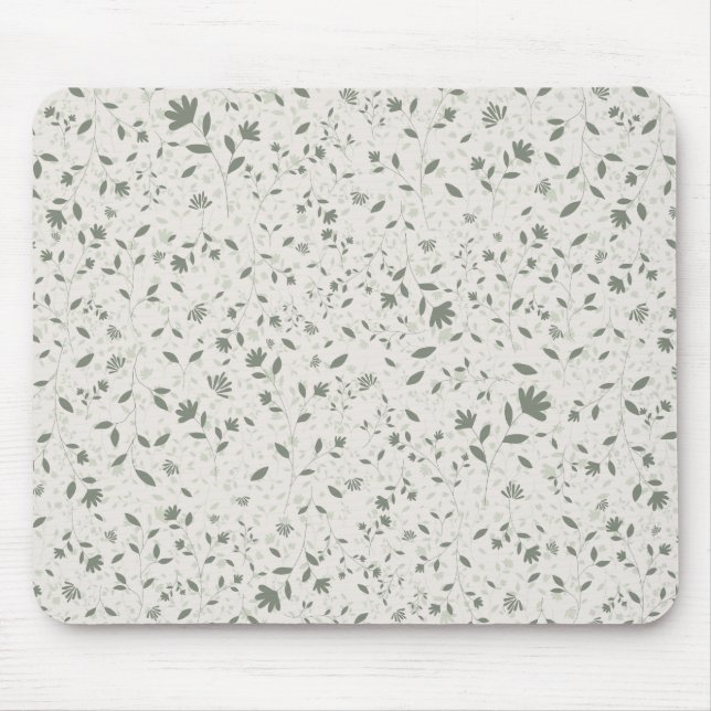 Muted Sage Green Floral Botanical Pattern on Light Mouse Pad (Front)
