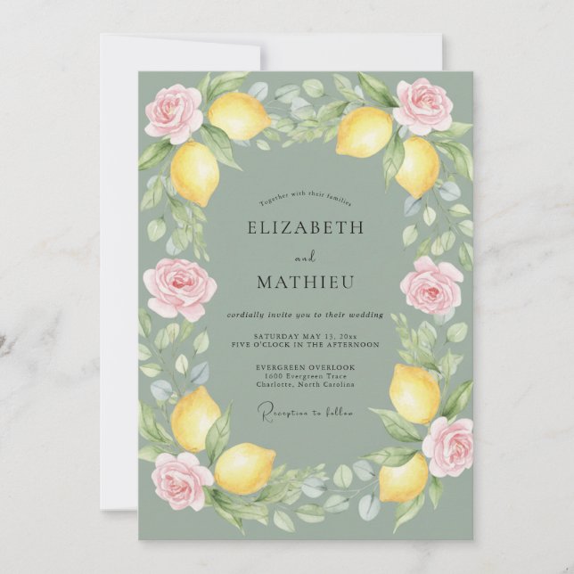 Muted Sage Lemon Citrus Eucalyptus Wedding Invitation (Front)