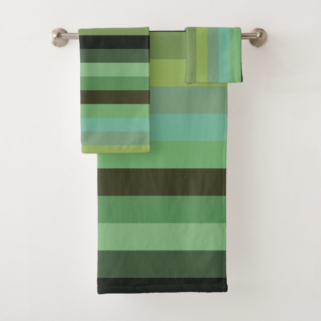 Muted Sage & Olive Green Stripes Bath Towel Set (Insitu)