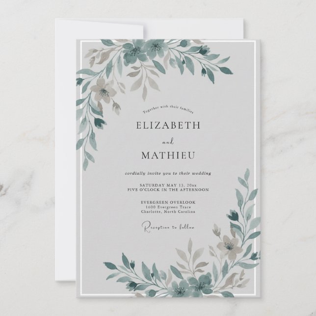 Muted Slate Leafy Wedding Invitation (Front)