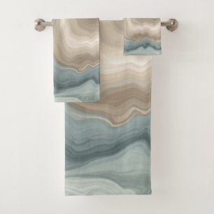 Muted Soft Blue Green Brown Abstract Coastal Print Bath Towel Set