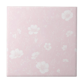 Muted Soft Pink And White Wildflower Pattern Ceramic Tile