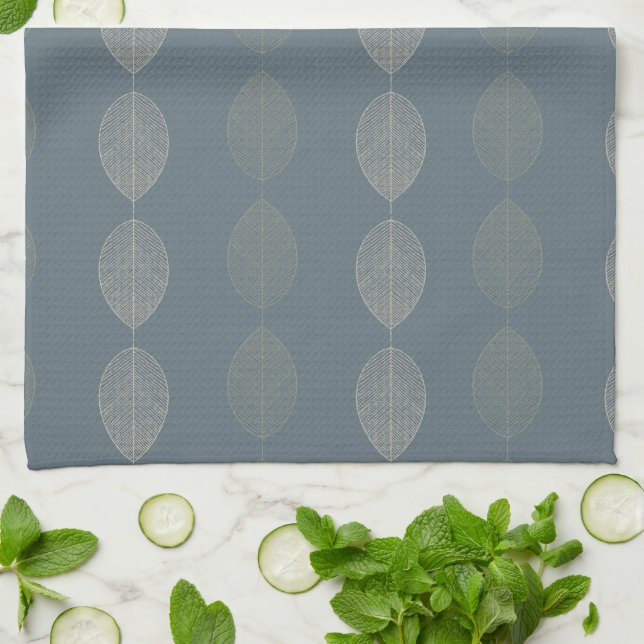 Muted Tan and Khaki Leaves on Teal Tea Towel (Folded)