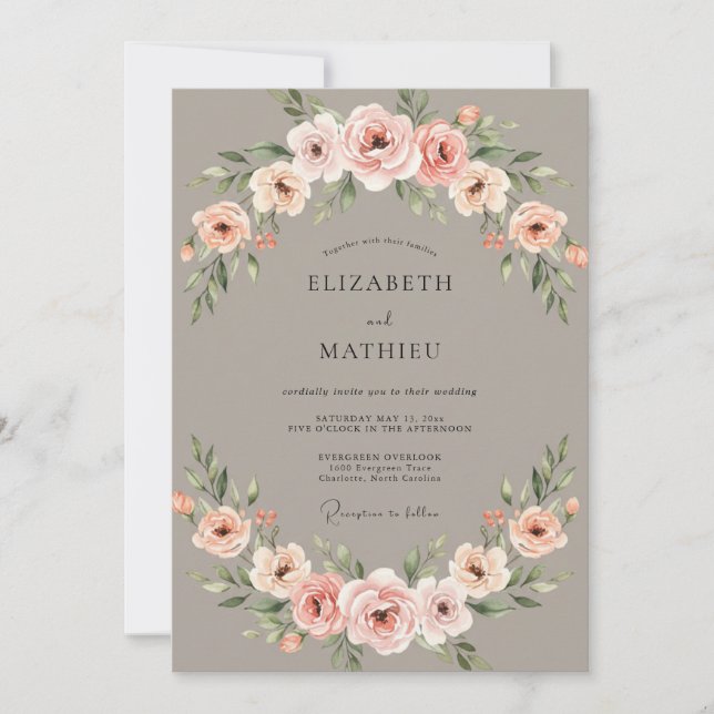Muted Taupe Floral Wedding Invitation (Front)