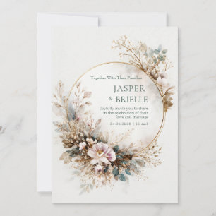 Muted Teal Watercolor Gold Circle Wedding Invitation