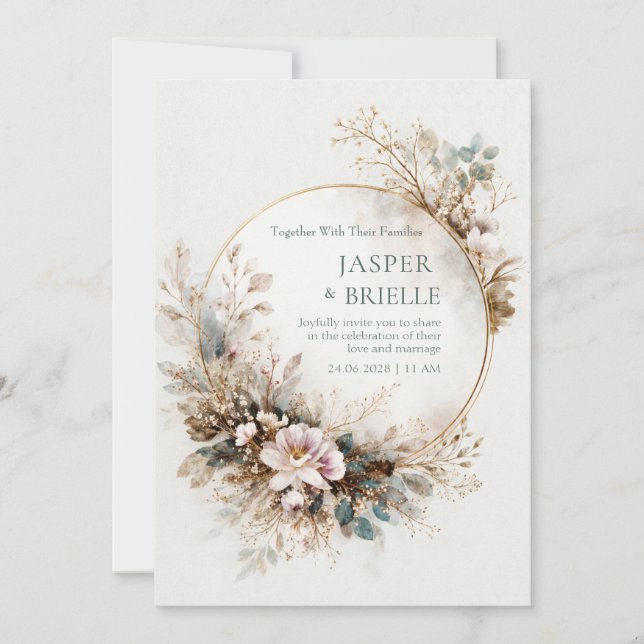 Muted Teal Watercolor Gold Circle Wedding Invitation (Front)