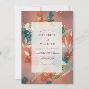 Muted Terracotta Teal Leafy Wedding Invitation