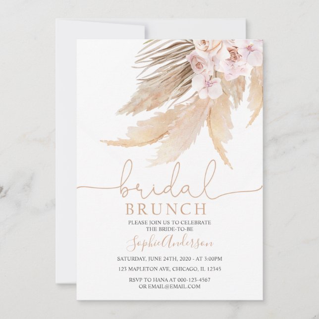 Muted Tones Bohemian Pampas Grass Bridal Brunch Invitation (Front)