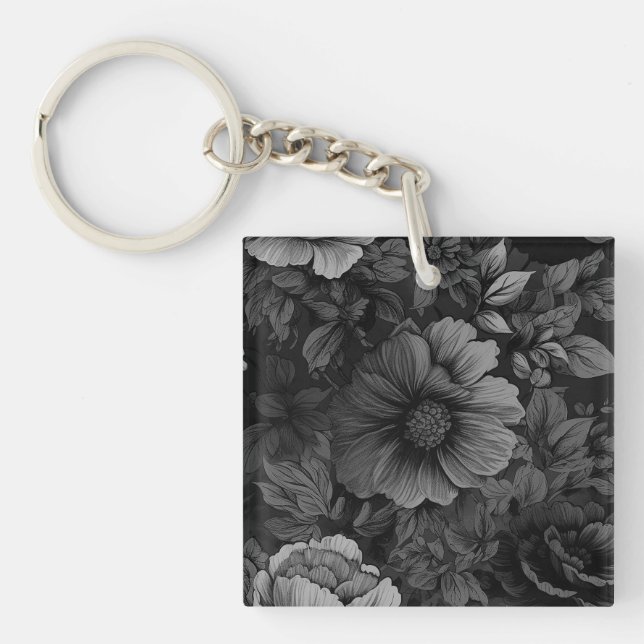Muted Tones of Grey Floral  Key Ring (Front)