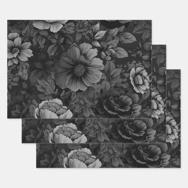 Muted Tones of Grey Floral  Wrapping Paper Sheet (Set)