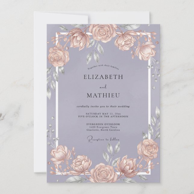 Muted Violet Peach Vine Wedding Invitation (Front)