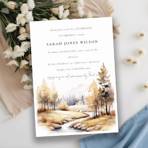Muted Watercolor Fall Autumn Landscape Birthday Invitation