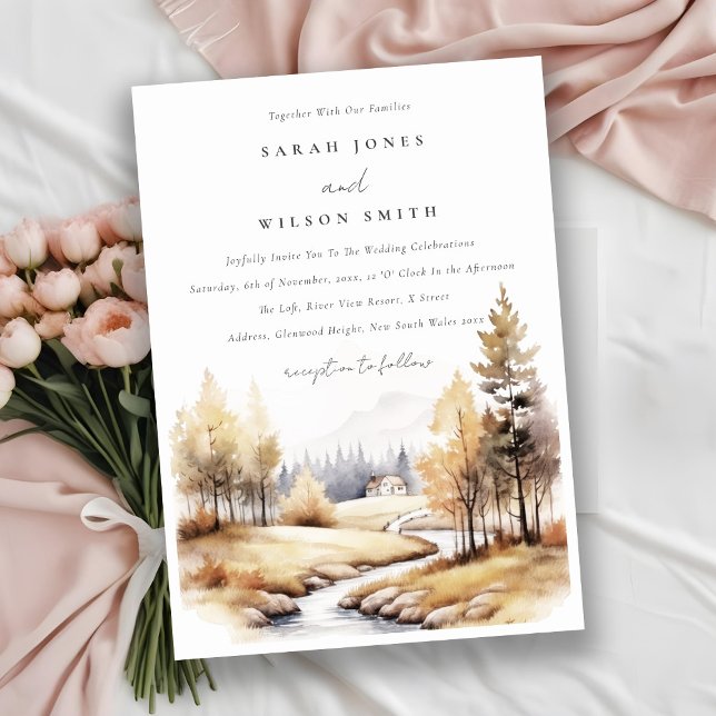 Muted Watercolor Fall Autumn Landscape Wedding Invitation (Creator Uploaded)