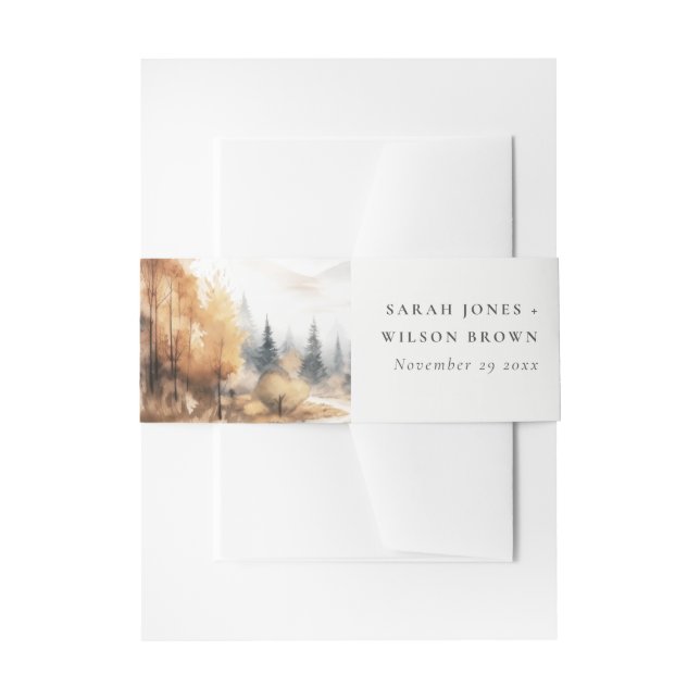 Muted Watercolor Fall Autumn Landscape Wedding Invitation Belly Band (Front Example)