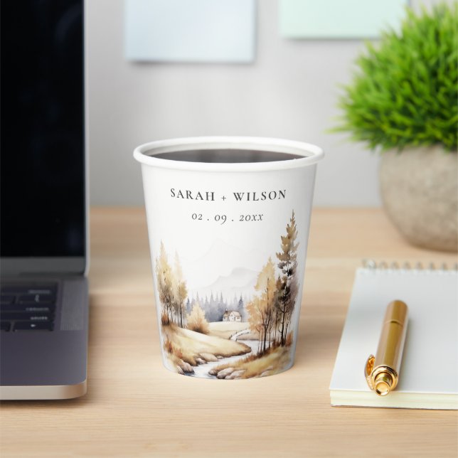 Muted Watercolor Fall Autumn Landscape Wedding Paper Cups (Insitu)