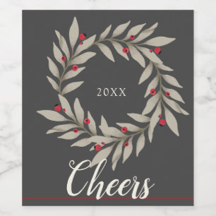 Muted Winter Wreath with Year, Cheers Christmas Wine Label