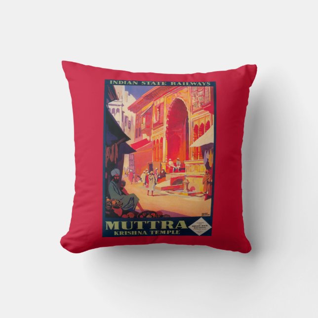 Muttra Krishna Temple Travel Poster Cushion (Front)