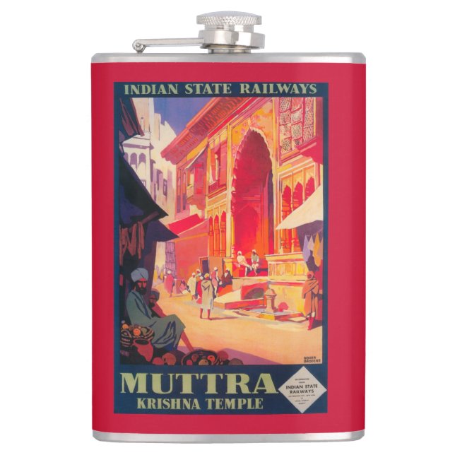 Muttra Krishna Temple Travel Poster Hip Flask (Front)