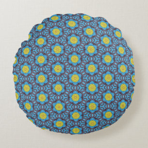 MVB Retro Blue Pattern with Yellow Flower Design  Round Cushion