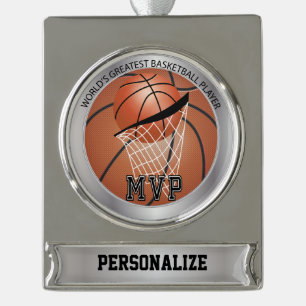 MVP Basketball Player   DIY Name Silver Plated Banner Ornament