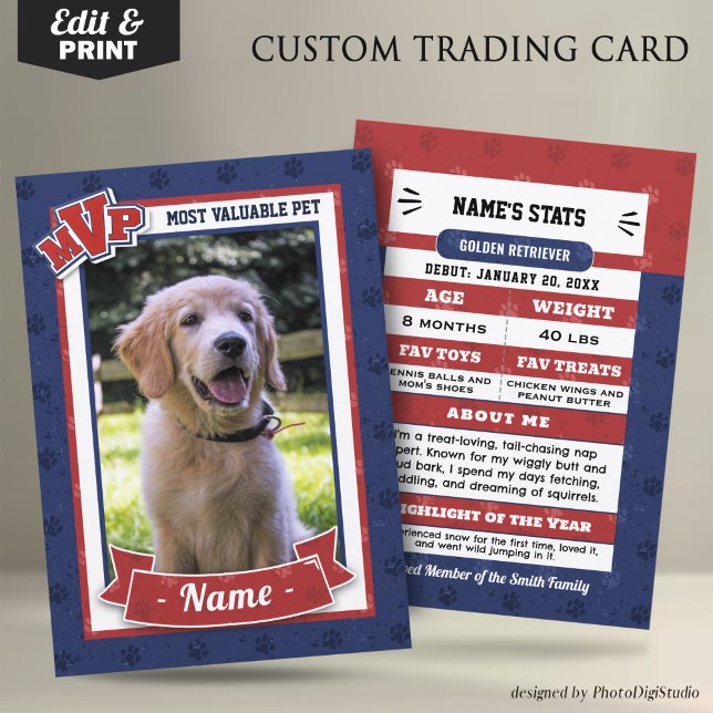 MVP Custom Pet Trading Cards Fun Dog Trading Card  (MVP Custom Pet Trading Card, Clasic Red Blue Card, Therapy Dog Trading Card Template and Print)