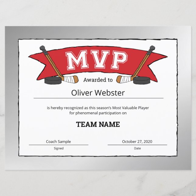 MVP Player - MVP Certificates - Hockey Certificate (Front)