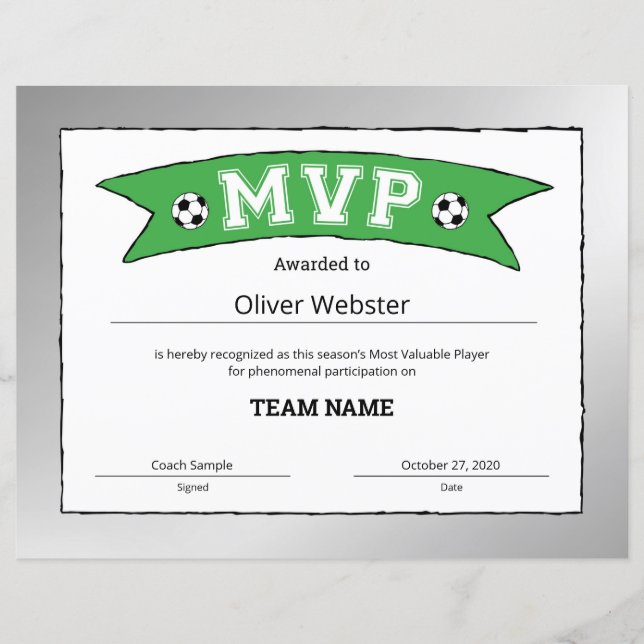 MVP Player - MVP Certificates - Soccer Certificate (Front)