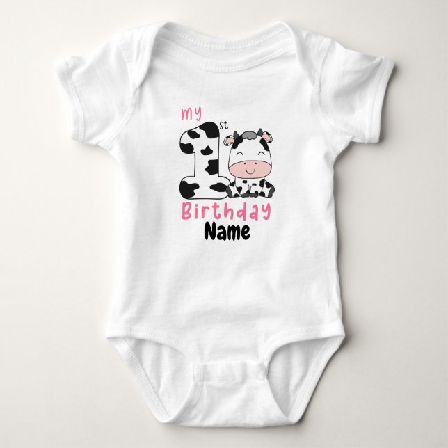 My 1st Birthday Cow, Custom Baby Girl Farm 1st BD Baby Bodysuit (Front)