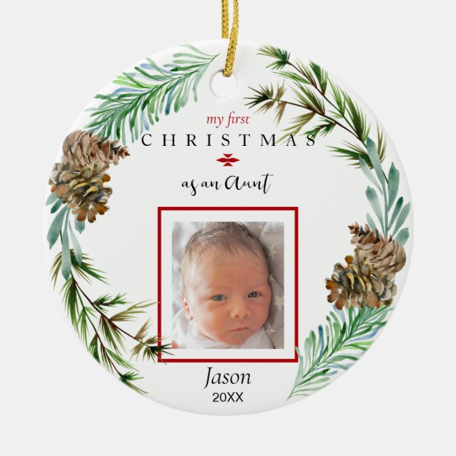 My 1st Christmas As An Aunt Child Name Photo Ceramic Ornament (Front)