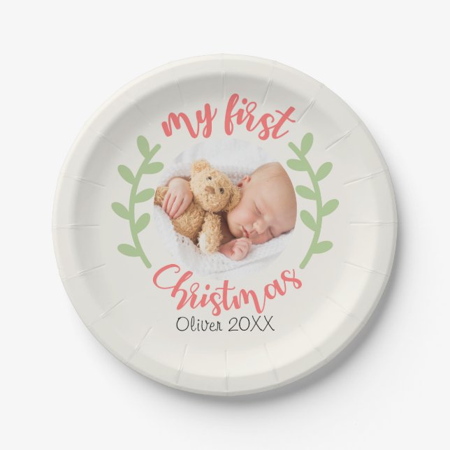 My 1st Christmas Baby Name PHOTO Wreath Holiday  Paper Plate (Front)