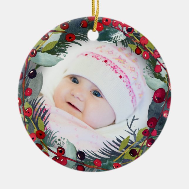 My 1st Christmas Baby Photo Holly Wreath Ceramic Ornament (Front)
