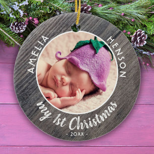 My 1st Christmas Baby`s First Rustic Wood Photo Ceramic Ornament