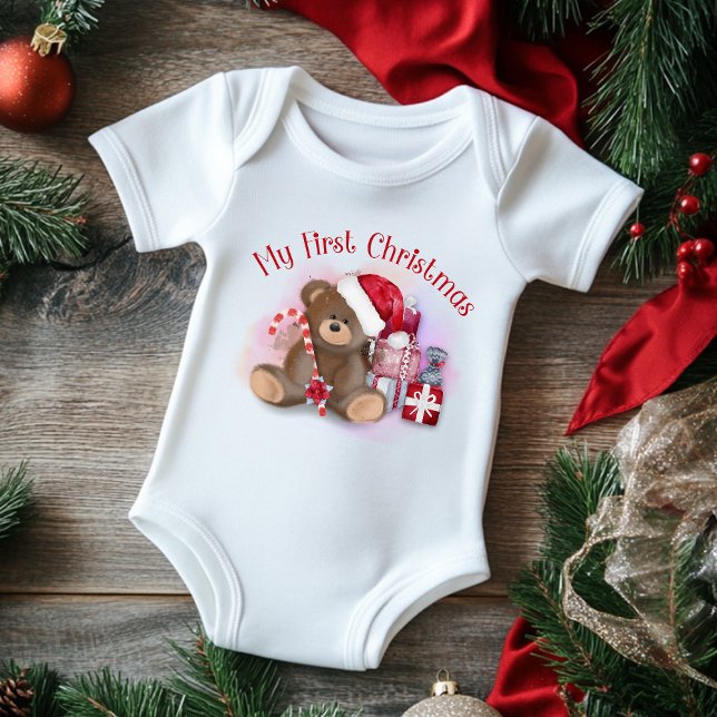 My 1st Christmas Cute Candy Cane Bear Modern Baby Bodysuit (Creator Uploaded)